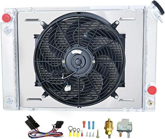 Radiator for 1984-1988 1987 Pontiac Fiero Straight 2.5L 2.8L V6 L4, 3 Rows Aluminum Radiator + Shroud/Fan + Relay Kit