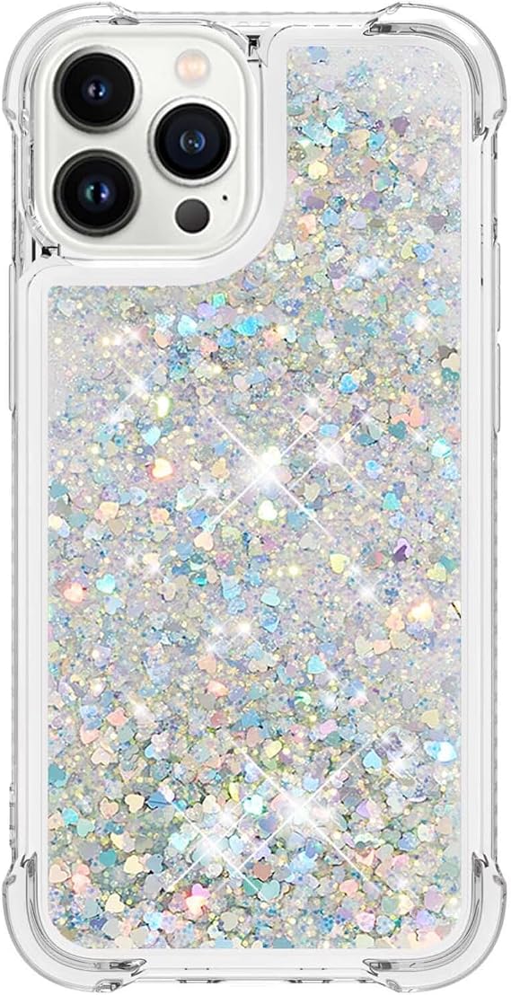 Case for iPhone 16 Pro Max,Clear Liquid Glitter Case Air-Cushion Drop Resistant Bling Shiny Sparkle Flowing Shockproof Soft TPU Bumper Shell Slim Cover,Silver heart