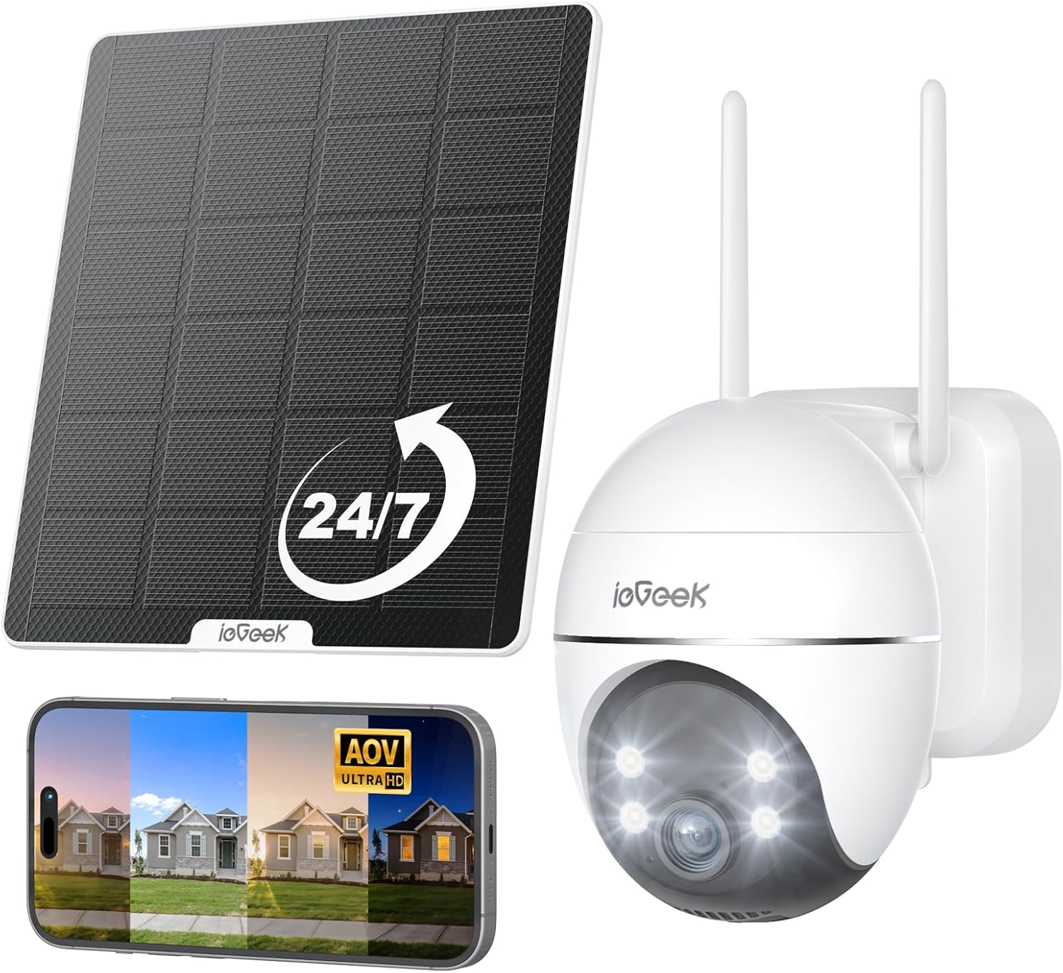 ieGeek AOV 24/7 Continuous Recording Solar Security Camera Outdoor Wireless, Auto Track Battery CCTV Camera Systems, 3MP 360° WiFi Home Camera, Time-lapse, 25~30M Motion Detection, 5W Solar Panel, PTZ
