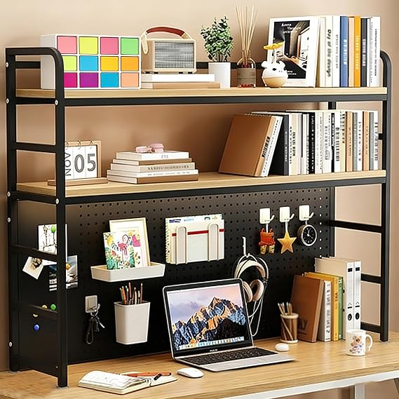 Multipurpose Countertop Hutch Bookshelf - 2 Tier Desktop Bookshelf Desk Bookcase, Desk Storage Organizer Rack For Office Home Dormitory (Black, 70cm)