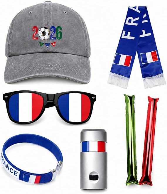 France Soccer Fan Gear Set, 7 Pcs 2026 Game Day Accessories with Hat, Scarf, Flag Sunglasses, Wristband, Flag Face Paint & Cheer Sticks, Soccer Party Supplies for Watch Parties
