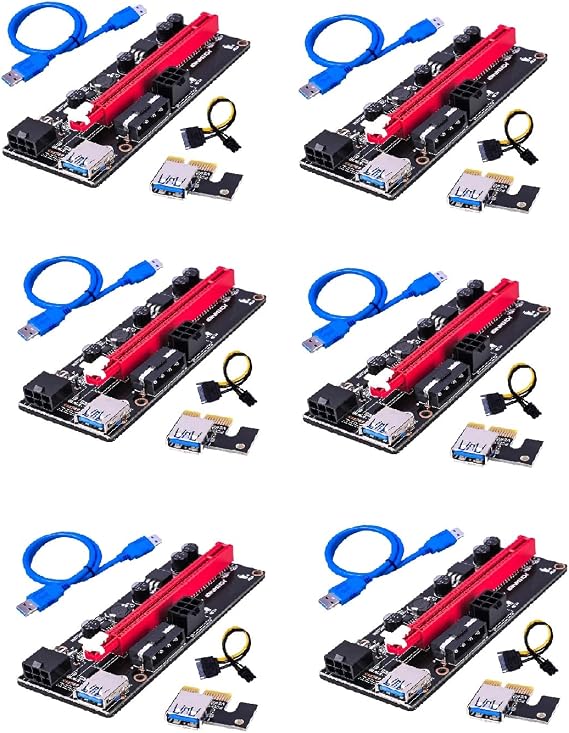 Powered PCI-E PCI Express Riser - VER 009S - 1X to 16X PCIE USB 3.0 Adapter Card - with USB Extension Cable - GPU Graphic Card Crypto Currency Mining (6 Pack)