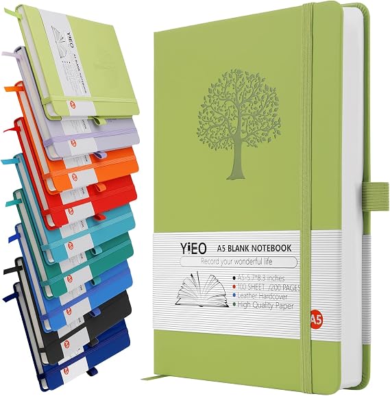 A5 Notebook Blank Journal, 200 Pages Hardcover Leather Sketch Book with 80GSM Plain Paper, Unlined Notepad, Sketchbook for Women Men Work School Drawing, 14.5 x 21cm-Green