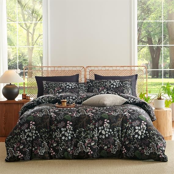 Sedefen Floral Comforter Set Queen Reversible Black Botanical Bedding