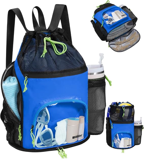 WANDF Drawstring Swim Bag, Sandproof Mesh with Wet and Dry Compartments