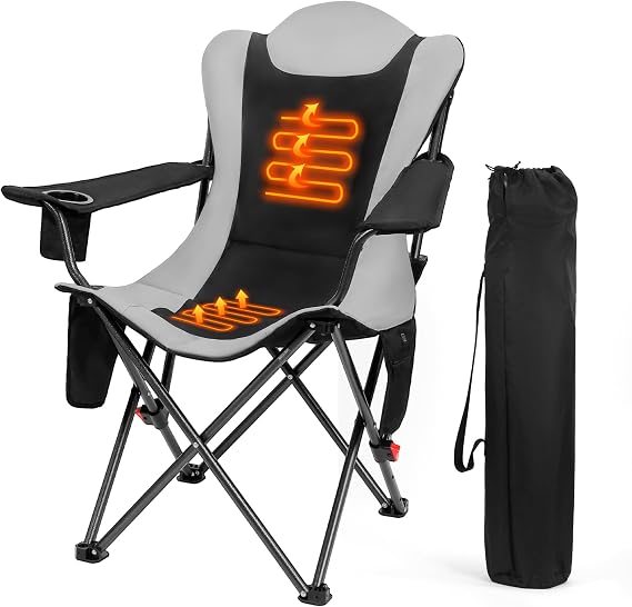 OUTSIDER Heated Camping Chair Heavy Duty 3-Position Folding Camp Chair with 3 Heat Levels, Cup Holder & Side Storage - Outdoor Heating Camping Chair for Adults, Supports 350lbs,Battery Not Included