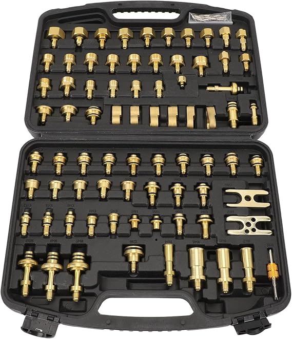 Gonetre Automotive Air Conditioning Leak Test Kit Premium Brass AC Leak Detection Tools Comprehensive 77 Piece Connector Repair Kit for Car Auto AC Systems