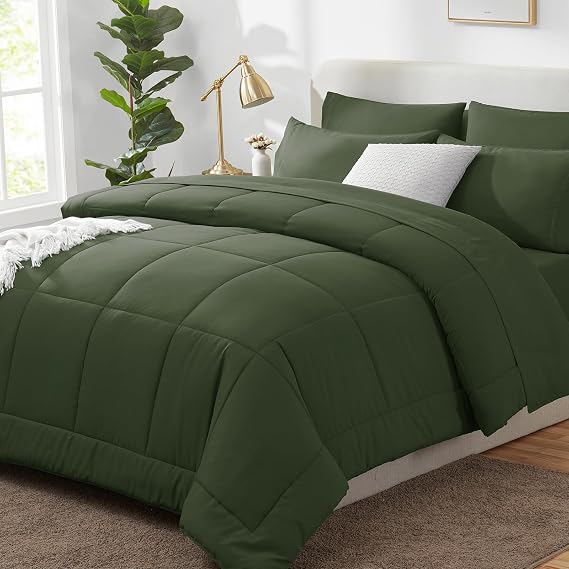 CozyLux Queen Comforter Set Olive Green - 7 Pieces Bed in a Bag