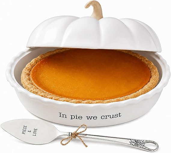 Mud Pie Circa Pumpkin Pie Dish Set, White Plate | Ceramic Pumpkin Pie Platter