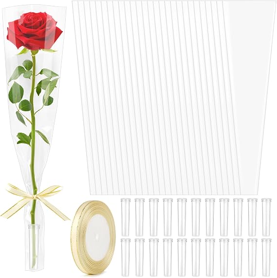 Mauproy 100 Pcs Clear Single Rose Sleeves with Water Tubes and Ribbons | Flower Wrapping Bags, Single Flower Packaging Bags with Ribbons for Florist Supplies, Wedding, Birthday