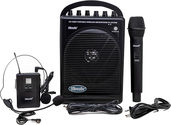 HISONIC HS120BT HL Portable PA System with Wireless Microphones and Lithium Rechargeable Battery and Car Cable Bluetooth Connected with Cell Phones and Pads Black