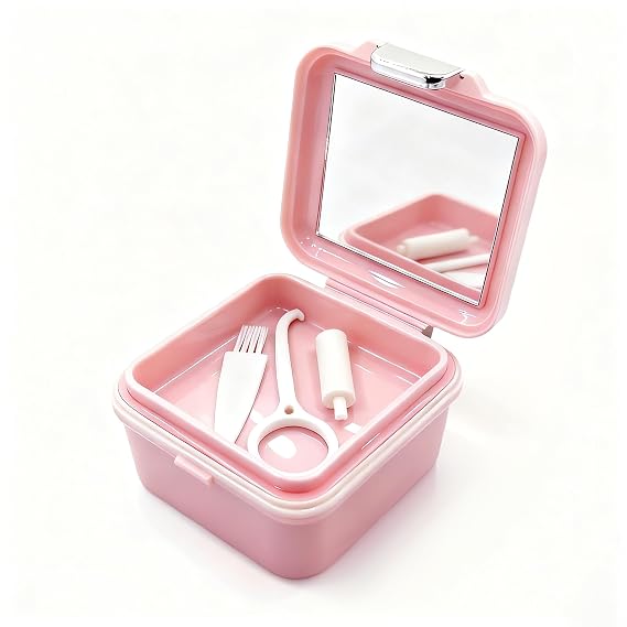 Denture Case Kit, Retainer Cleaning Case False Teeth, Retainer Cleaning Denture Bath Cup with Mirror Use in Denture Bridges, Denture Soaking Container, Traditional Braces for Travel (Pink)