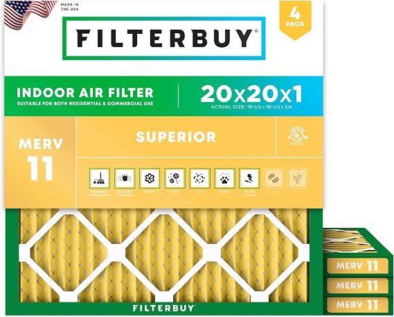 Filterbuy 20x20x1 Air Filter MERV 11 Pet & Allergy Defense (4-Pack)