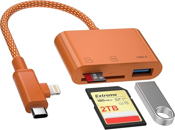 SD Card Reader for iPhone, Dual Connector (USB-C & Lightning) Memory Card Reader with USB 2.0 Port, Supports SD & TF Cards Simultaneously, MFi, Plug and Play for iPhone/iPad/Mac/Android/PC (Orange)