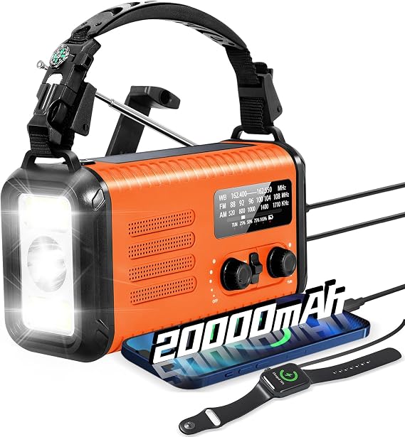 緊急気象ラジオ、20000mAhソーラーラジオ、AM/FM/NOAA付きハンドクランクラジオ、懐中電灯&読書ランプ付きポータブルラジオ、イヤホンジャック、SOSアラーム、屋内外の緊急時の電話充電器。