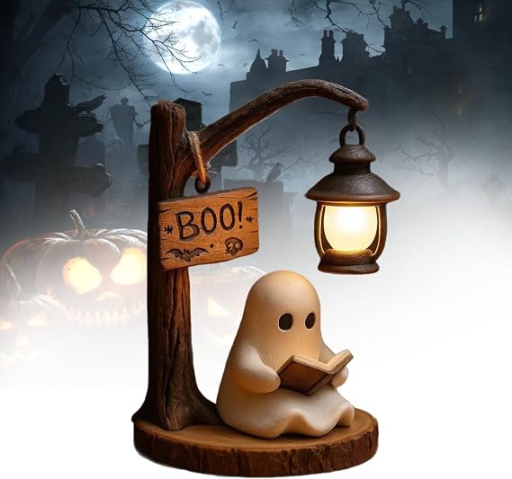 Cute Ghost Bedroom Bedside Lamp, Wireless Reading Table Lamp for Halloween, 3D Led Ghost Statue Night Light, Halloween Decoration for Bedroom and Tags