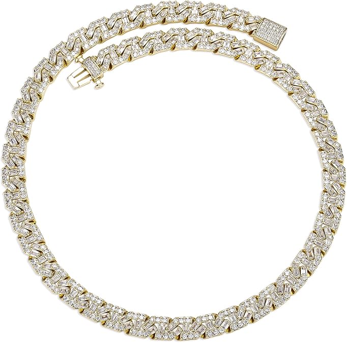 TOPGRILLZ Cuban Link Chain for Men Gold Jewelry Silver Baguette Diamond Miami Choker Necklace for Women 9mm Iced out 14K Gold Plated Gifts for Women