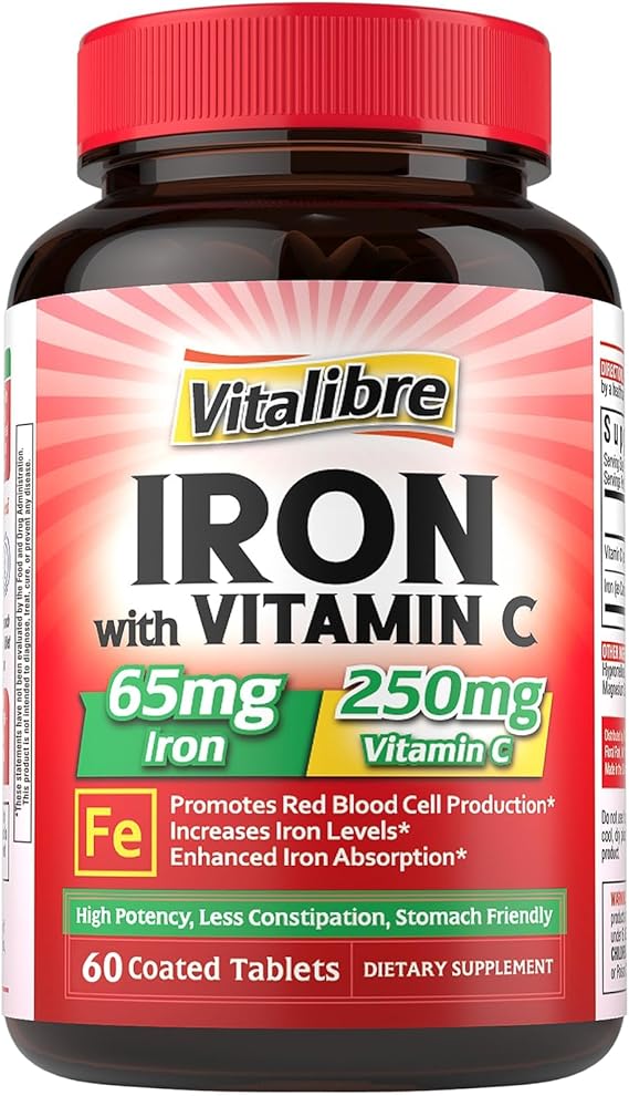 Iron Supplement, 65mg Carbonyl Iron with 250mg Vitamin C, Stomach Friendly
