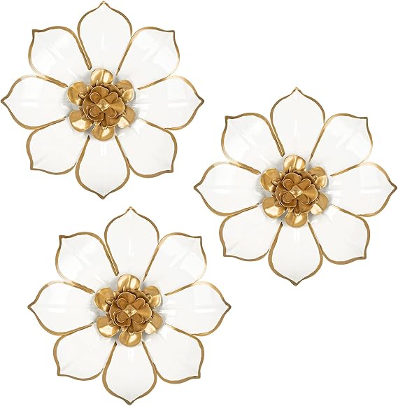 Arborus 3-Piece 9.8" White Gold Metal Wall Art 3D Modern Wall Art Hanging Decorations Flowers Metal Artworks for Bedroom Living Room Home Wall Decor