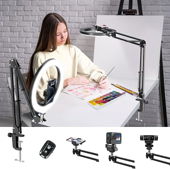 LUXSURE 10" Overhead Phone Mount with Ring Light, Desk Ring Light with Phone Holder & Bluetooth Remote, 3 Colour Modes 10 Brightness Levels for Nail Art Drawing Cooking Video Recording