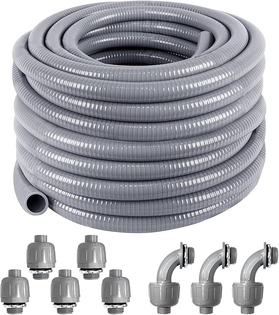 1 inch 100 Ft Electrical Conduit Kit,Liquid-Tight Conduit and Connector | Flex Conduit Kit with 5 Straight 3 Angle Fitting Included,Flexible Non-Metallic Liquid Tight Electrical Conduit(1" Dia,100 ft