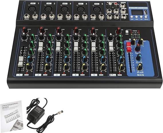 Bluetooth Portable Audio Mixer 7-Channel Professional Stereo Mixer Digital USB Computer Jack 3-Band Equalizer 6 Music Modes 48V Phantom Power Stereo DJ Mixer LCD Display For DJ,Recording,Stage
