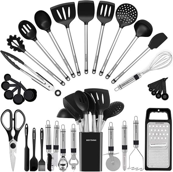 Kitchen Utensil Set - Silicone Cookware - 33 Kitchen Gadgets & Spoons for Nonstick Cookware - Silicone and Stainless Steel Spatula Set - Best Kitchen Tools, Convenient Pots & Pans Accessories