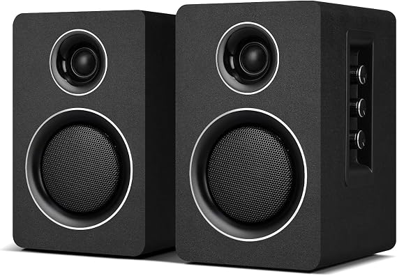 Active Bookshelf Speakers, 60W, Bluetooth 5.3, USB-C, AUX/RCA, Black | A 3-inch carbon fiber woofer, 1-inch silk dome tweeter and wood cabinets. For PCs, turntables, TVs, gaming and music.