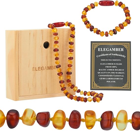 Handwoven Baltic Amber Polishing Necklace Bracelet Set -100% Certified and Authentic Amber Stone Beads, 32+14cm