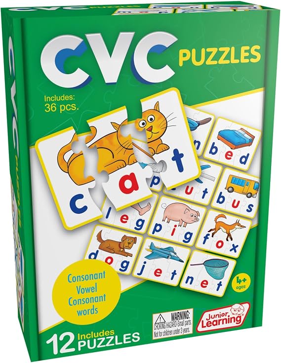 Junior Learning CVC Puzzles - 36-Piece Color-Coded Phonics Word Games
