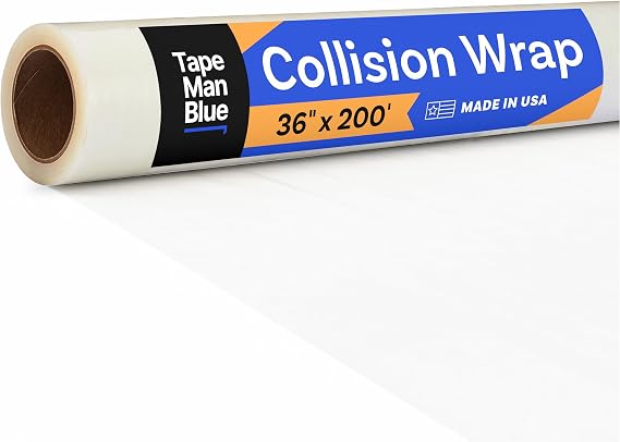 TapeManBlue Crash Wrap, 36 inch x 200 feet, Clear Collision Wrap for Car Windows & Damaged Vehicles, Self-Adhesive Broken Window Cover Film, Made in America