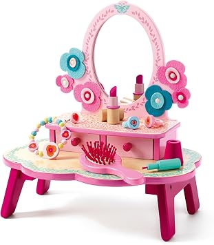 DJECO Wooden Dressing Table for Girls - Pretend Play Floral Kid Vanity Table w/ Mirror for Little Girls, Beauty Salon Play Set w/ Toy Makeup for Little Princess - Perfect for Kids Ages 4+