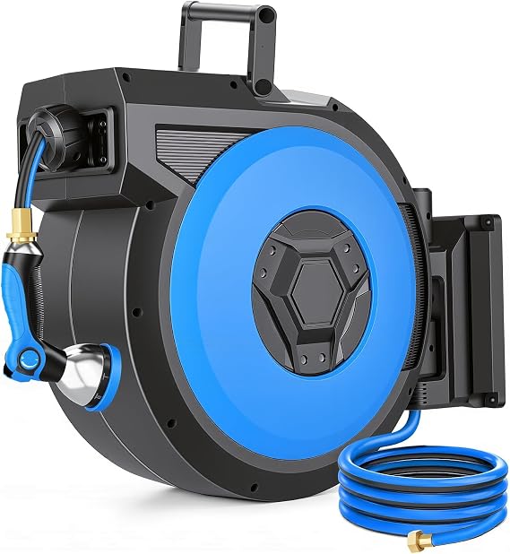 Homdox Retractable Garden Hose Reel 5/8 in x 82ft, Wall Mounted Automatic Water Hose Reel, 10 Pattern Nozzle, Auto Rewind and Lock at Any Length, 180Swivel Bracket, UV Resistant