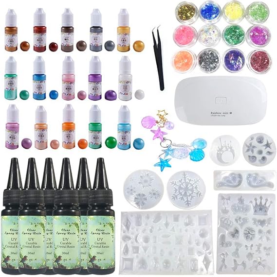 UV Crystal Clear Epoxy Resin 180ml with 7 Silicone Molds Ocean Starfish Shells Snowflake + 15 Pearlescent Shimmer Color Pigment + Holographic Glassine Set + Compact Mini UV Lamp + Tweezers