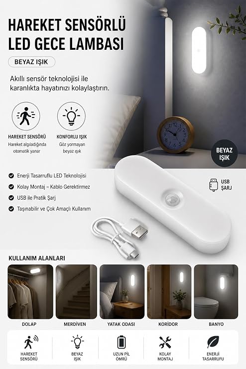 Neo Vista USB Şarjlı LED Işık, Hareket Sensörlü, Beyaz Işık, Oda, Mutfak, Salon ve Merdiven için Taşınabilir Lamba