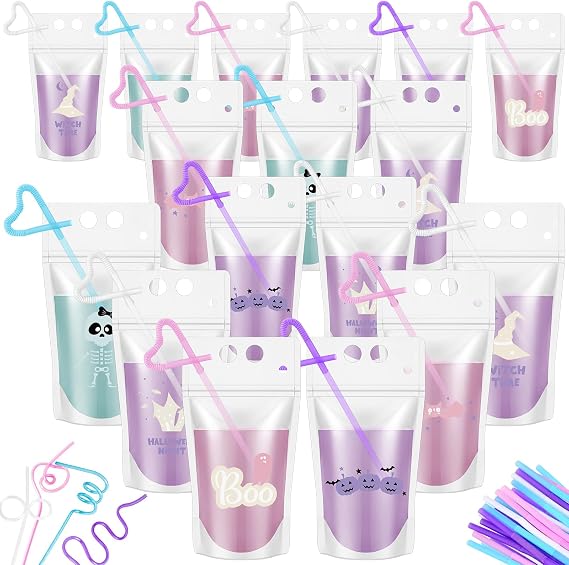 Sliner 24 Set Halloween Drink Pouches with Straws for Adults Party Favors