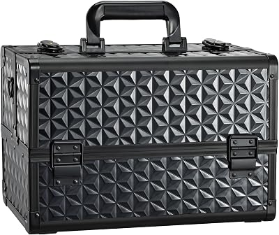 Joligrace Makeup Train Case Professional Cosmetic Organizer Aluminum Storage Box with 4 Adjustable Dividers Trays Lockable Portable with Shoulder Strap