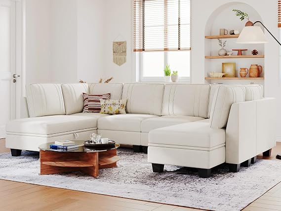 Belffin Sectional Couch with Storage Ottoman, Convertible U-Shape Sectional Couch for Living Room, Beige