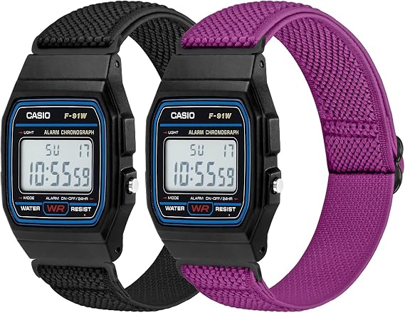 Elastic Watch Straps Compatible with Casio F-91W/F-84/F-94/F-105/F-108/AE-1200/W-217H/W-218H/A-158W/A-168W/SGW-300H/W-800H, Adjustable Stretchy Sport Strap Comfortable Nylon Replacement Band