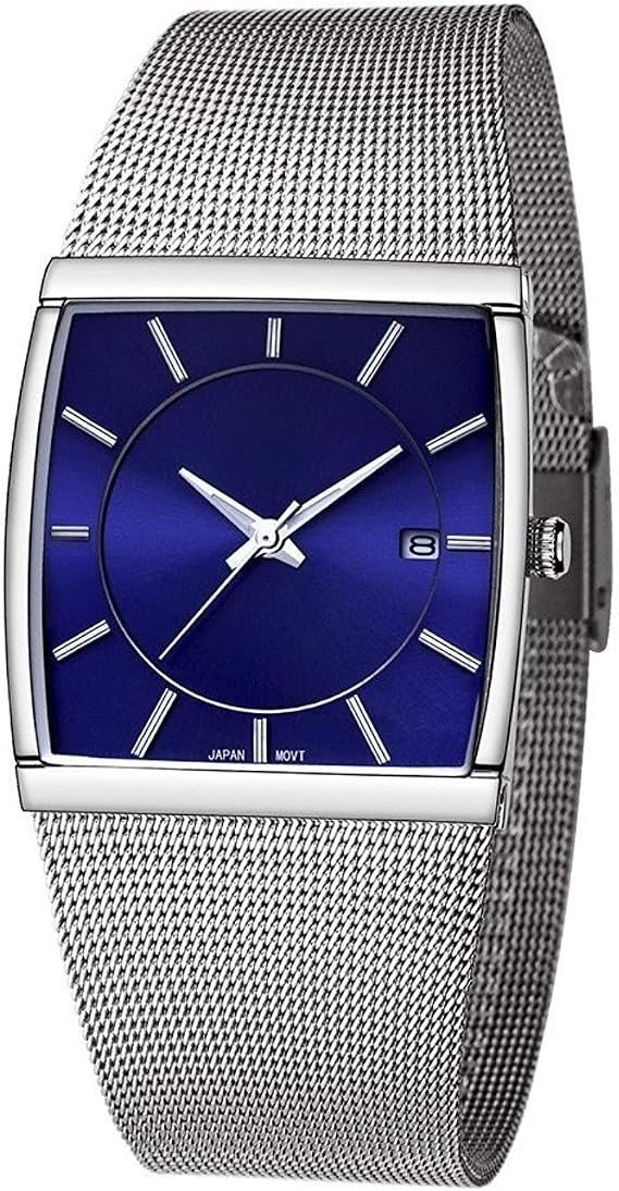 Mens Simple Rectangle Analog Watch, Ultra Thin Stainless Steel Mesh Band Bracelet, Minimalist Style Wristwatch Gift Box