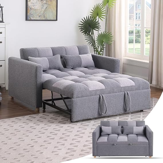 Loveseat Sleeper Sofa- 3 in 1 Convertible Sofa Bed,Pull Out Couch with Adjustable Backrest,Multi-Functional Lounge Chair with Teddy Fabric for Living Room,Small Space (Grey)