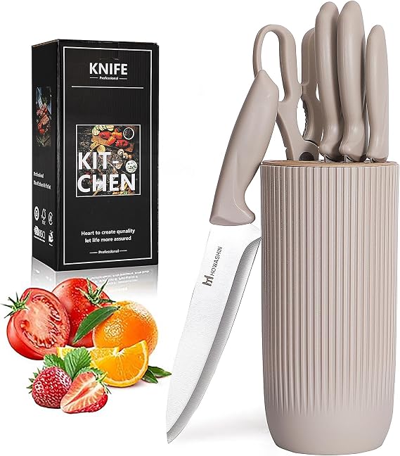 6 Pcs Khaki Professional Stainless Steel Knife Set, Knives for Kitchen with Universal Knife Block - Non-Stick Sharp Blade Chef Knife Set with Cylindrical Knife Block for Gift.