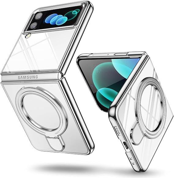 Compatible with Galaxy Z Flip 4 Case with O-Ring Stand Clear Case,Compatible with Magnetic Car Phone Mount [Wireless Charging] Slim Fit Anti-Scratch Shockproof Case for Galaxy Z Flip 4,Silver(13-22)