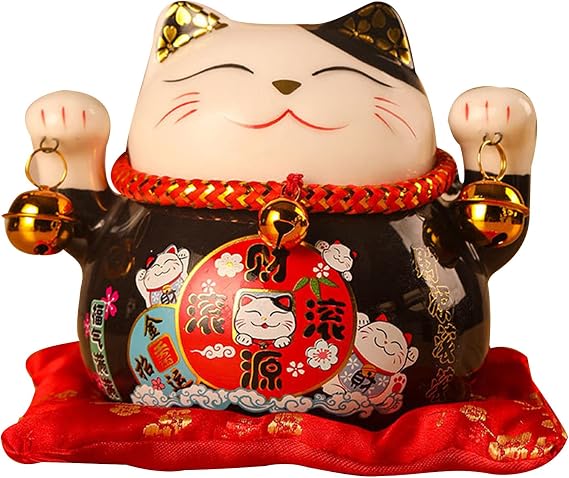 Jenngaoo Ceramic Waving Lucky Cat Figurine, 4.5 Inch Japanese Beckoning Maneki Neko Statue for Home Office Decor, Wealth & Good Luck Attraction, Black