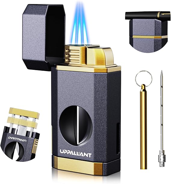 Triple Flame Torch Lighter with Built-in V Cutter, Holder and Draw Enhancer Tool, Butane Refillable Torch Lighter, Multifunctional Accessories Gift, Windproof Lighters for Candles and Outdoors