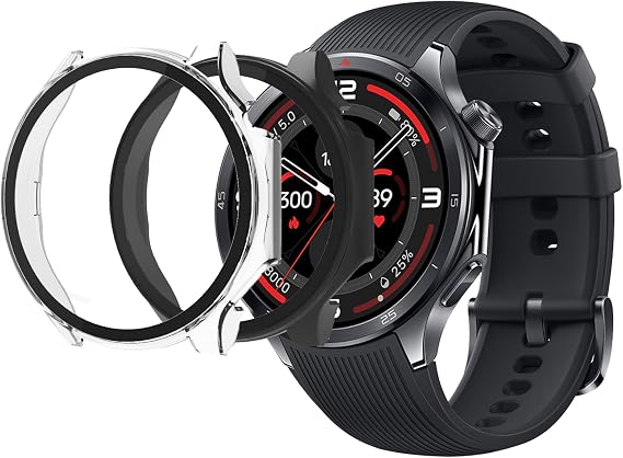 for OnePlus Watch 3 Case,[2 Pack] Hard PC Case with Tempered Glass Screen Protector,Ultra-Thin Scratch Resistant Cover for OnePlus Watch 3-Clear+Black