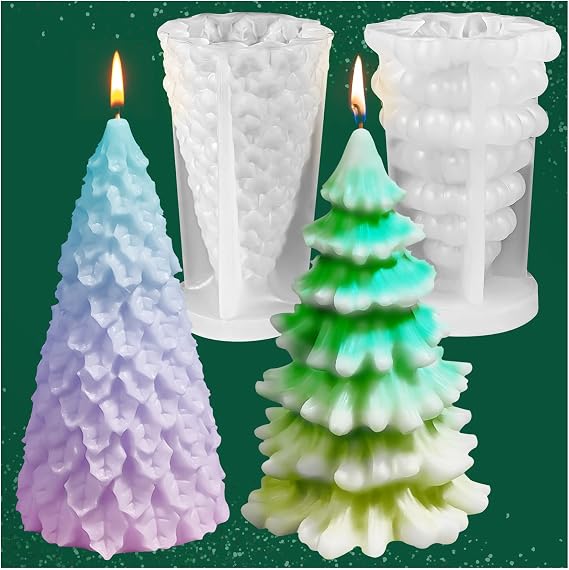 3D Christmas Tree Candle Mold, 2 Pcs Silicone Mold for Candle Making, Xmas Handmade Candle Making Mould, DIY Craft Resin Mold for Fondant Cake, Aromatherapy Candle, Chocolate, Soap, Candy
