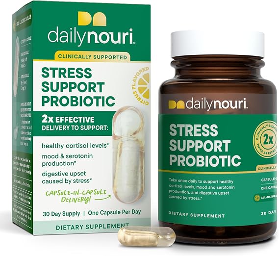 Daily Nouri Stress Support Probiotics for Women & Men | Mood & Cortisol Support | Gut-Brain Axis + Digestive Support | 3 Clinically Studied Strains + Omega | 30-Day Supply
