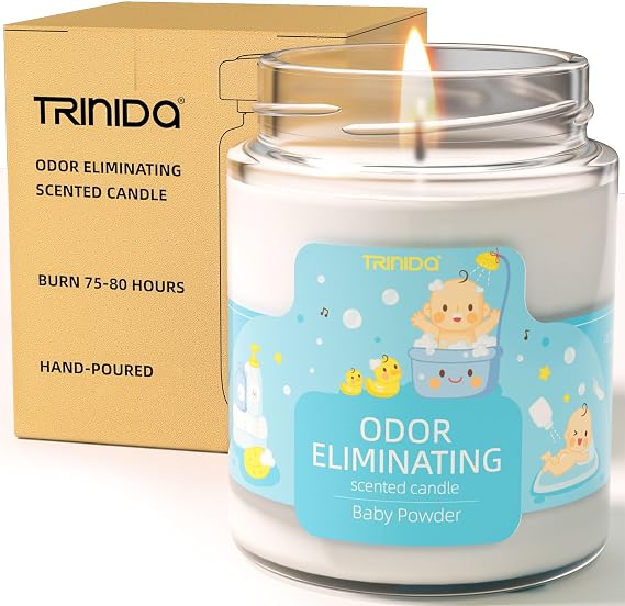 TRINIDa Natural Soy Odor Eliminating Candles for Home Scented Baby | Baby Powder scent, FORESTALL tech removes 99% pet/smoke/food odors, 55h burn, cotton wick, non-toxic no paraffin, safe home