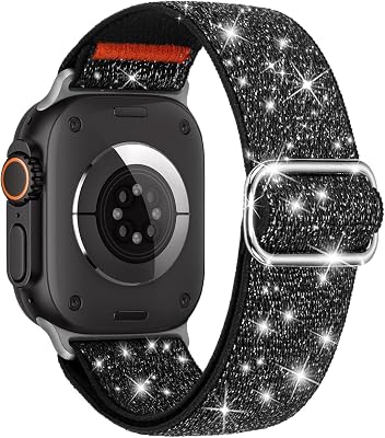 Bling Stretchy Nylon Band Compatible with Apple Watch Ultra 2 Band Women, 24mm Wide Sparkly Glitter Solo Loop Strap for iWatch 49mm 46mm 45mm 44mm Girl Shiny Elastic Wristband